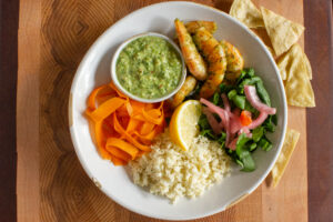 Wild Gulf Shrimp Bowl with Cactus Chips and Cauliflower Rice