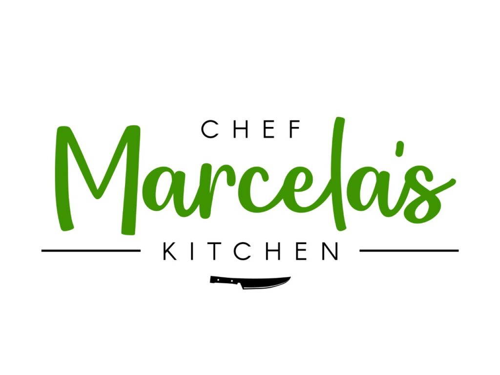 Logo for Chef Marcela's Kitchen with green and black text and a knife graphic.