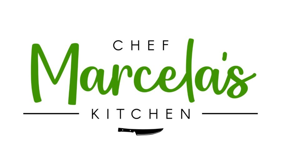Logo for Chef Marcela's Kitchen with green and black text and a knife graphic.
