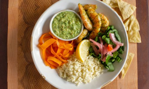 Wild Gulf Shrimp Bowl with Cactus Chips and Cauliflower Rice